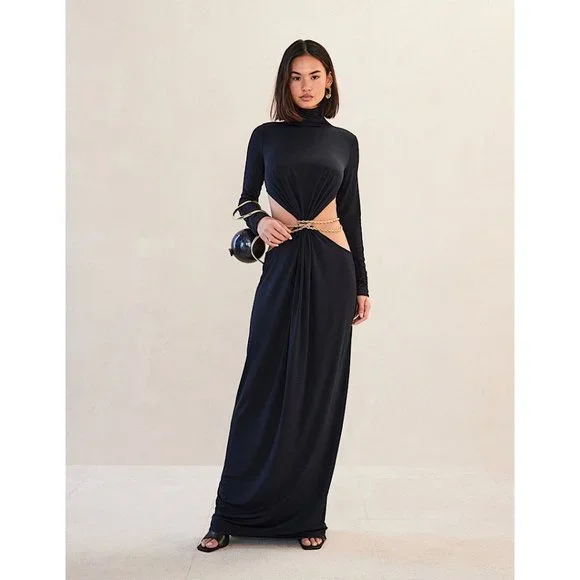 NEW Cult Gaia Genevieve Gown Cutout Long Sleeve Maxi Dress Black Gold XS - Picture 1 of 13